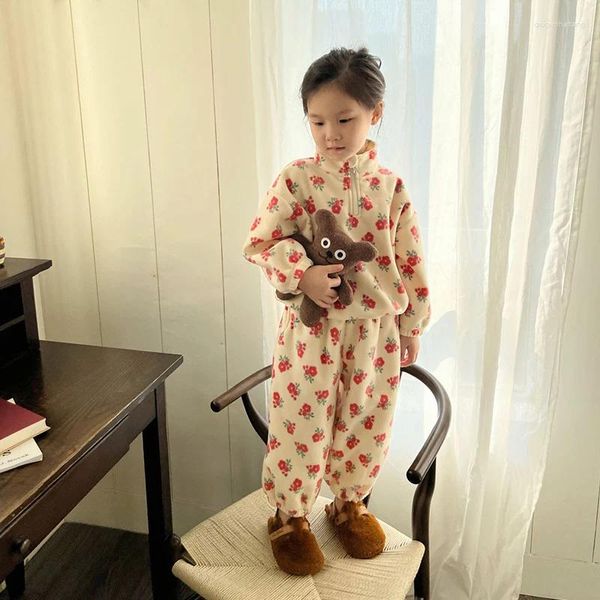 Juego de ropa Autumn Invierno Biños Niños Baby Turtleneck Floral Fleece Shirts Juego de niños sólidos más terciopelo