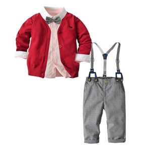 Conjuntos de ropa Otoño Invierno para niños, cárdigan de punto, camisa y pantalones con cinturón, trajes para fiesta de cumpleaños, uniforme para niños, ropa de boda