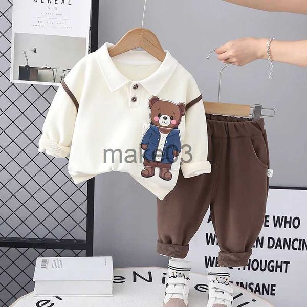 Ensembles de vêtements Automne hiver enfants garçon 2 pièces ensemble de vêtements dessin animé ours col rabattu sweat-shirt polaire pantalon enfants garçon costumes bébé garçon tenues J231020