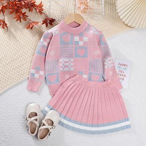 Ensembles de vêtements automne hiver enfants tricot ensemble filles mignon pull géométrique haut imprimé rayé jupe plissée deux pièces