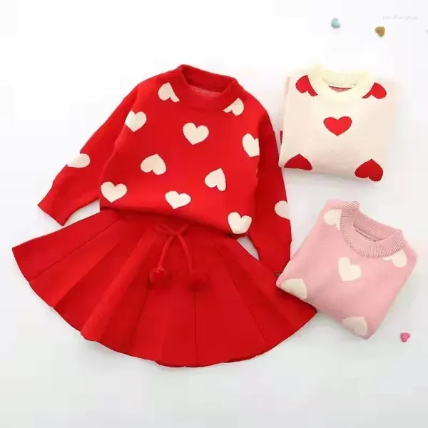 Ensembles de vêtements Automne Hiver Enfants Love Pull Jupe Deux Pièces Costume Ensemble De Laine À Manches Longues 1-5 Ans Enfants Filles Vêtements En Tricot