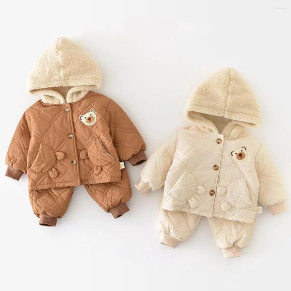 Conjuntos de roupas outono inverno engrossar roupas menino menina crianças quilting mais veludo casaco com capuz calças sólidas 2pcs bebê dos desenhos animados urso jaqueta