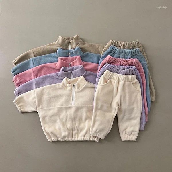 Conjuntos de ropa Otoño Invierno Niño Bebé Niños Niña Traje deportivo Ropa para niños Polar Color sólido Sudaderas con capucha Infant Girls Trajes 2PCS