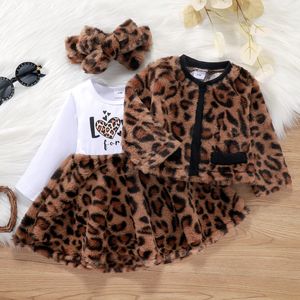 Kledingsets herfst winter peuter meisjes brief luipaard print bont patchwork lange mouw jurk jas tops hoofdband baby's 230105