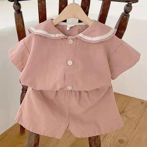 Conjuntos de ropa Conjunto de 2 piezas para bebé, camiseta con cuello marinero de un solo pecho, camisetas de manga corta sólidas para niño pequeño y pantalones cortos de algodón sueltos para niña, 2 piezas