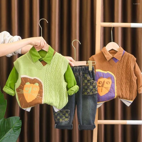 Ensembles de vêtements Baby Boy Cartoon Lion Tricoted Vest Shirt and Jeans 3pcs / Set Spring Children Top Pant Suit Kids Vêtements