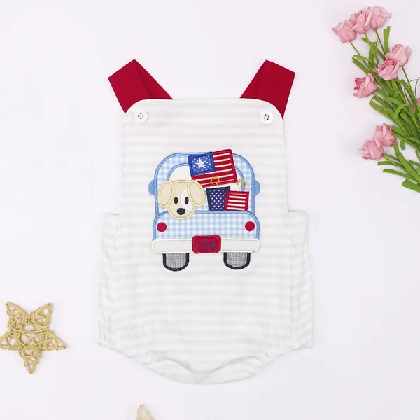 Ensembles de vêtements Baby Boy Cabille Summer Fshion Style Bubble Coton Sans manches Boutique Sweet Ropmer avec broderie de chiot pour drapeau pour 0-3m