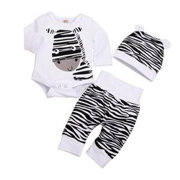 Vêtements Ensembles Baby Garçon Vêtements Born Boy Enfant Garçons Filles Dessin animé Zebra Print Tops Pantalons Hat Ouvrir une fille Ropa