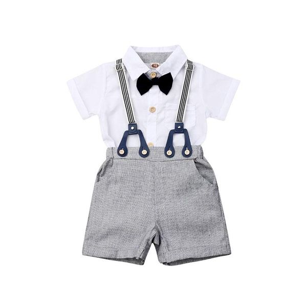 Conjuntos de ropa Ropa para bebés, trajes formales para fiesta, caballeros, 2 uds., mono de manga corta con pajarita, Tops, pantalones cortos con pechera, trajes de 0 a 24 meses