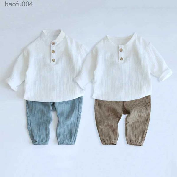 Ensembles de vêtements pour bébé garçon, T-shirts à manches longues + pantalons amples, en coton biologique, couleur unie, vêtements pour bébé garçon de 0 à 4 ans