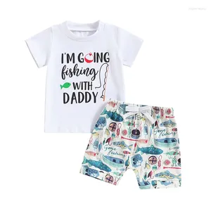 Kledingsets Baby Boy Fish Outfit Ik ga vissen met papa korte mouw t-shirt print shorts set peuter zomerkleding