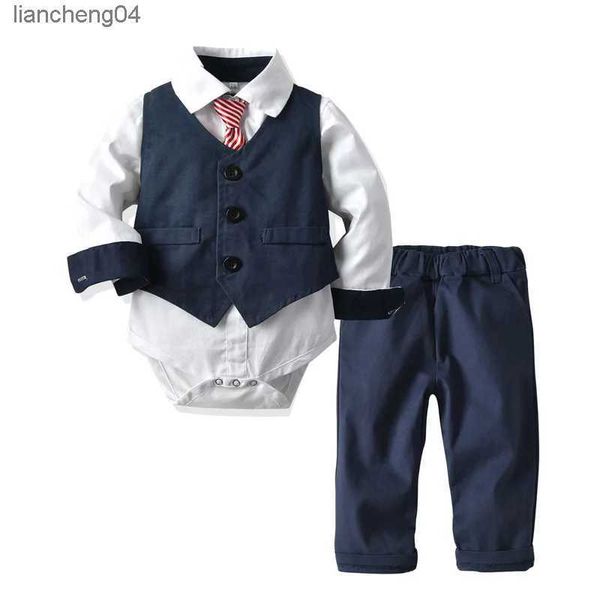 Conjuntos de ropa Conjunto formal para bebé, ropa con corbata, chaleco azul marino, pantalones mameluco para 9-36 meses, trajes para niños, fiesta, cumpleaños, ropa de caballero