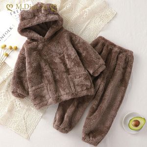 Ensembles de vêtements bébé garçon fille vêtements pyjamas ensemble flanelle polaire infantile enfant en bas âge enfant chaud vêtements de nuit à capuche maison costume hiver printemps automne 1 5Y 230627