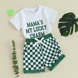 Kledingsets Baby Boy Girl St Patricks Day Outfit Mamas Lucky Charm Short Sleeve Letter T-Shirt Checkboard Shorts Set set