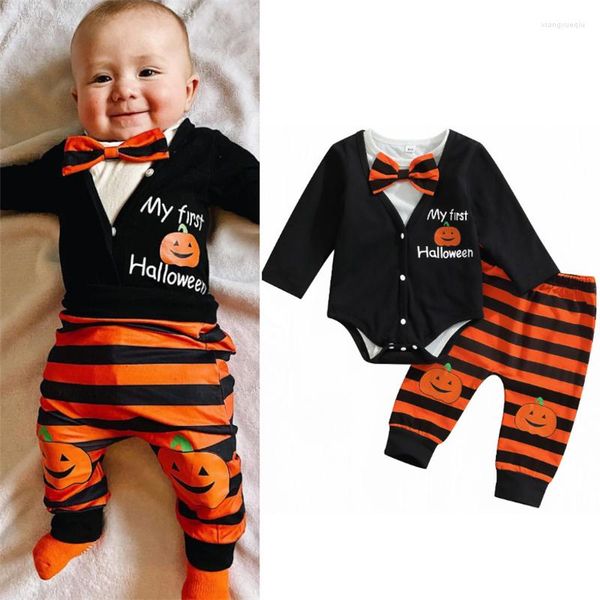 Conjuntos de ropa Bebé Niño Ropa de Halloween Mameluco interior de manga larga Estampado de letras Pantalones estampados de rayas de calabaza exterior