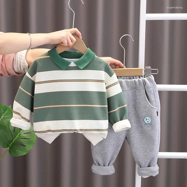 Conjuntos de ropa Baby Boy Traje 2024 Primavera Niños y niñas Casual Cuello de solapa a rayas Camisetas de manga larga Pantalones de dos piezas para niños