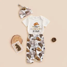 Conjuntos de roupas bebê menino roupas de verão manga curta tripulação pescoço macacão cowboy chapéu botas carta impressão calças compridas 3 pçs conjunto