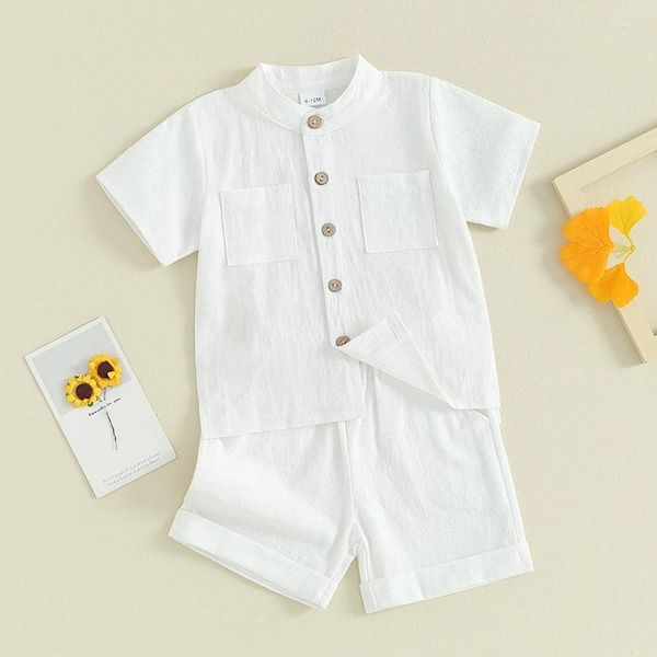 Conjuntos de ropa Baby Boy Ropa de lino de algodón de verano Ropa de manga corta con botones hacia arriba Camisas con abertura lateral Niño 2 piezas Traje sólido