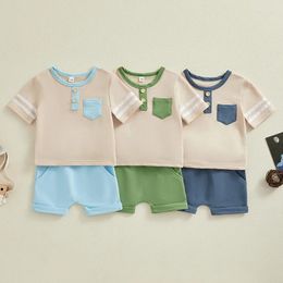 Vêtements ensembles bébé garçon d'été pour enfants vêtements coton patchwork couleur manche courte t-shirts shorts à cordon sport pour tout-petit