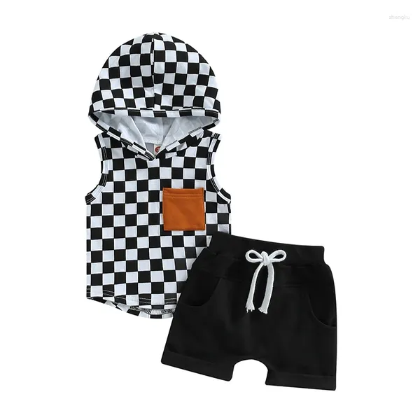 Conjuntos de ropa Baby Boy Trajes de verano Estampado de tablero de ajedrez Sin mangas Sudadera con capucha Camiseta y conjunto de pantalones cortos casuales elásticos