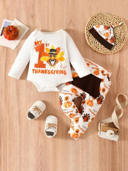 Conjuntos de ropa Traje de acción de gracias para bebé niño Conjunto de 3 piezas Adorable mameluco con estampado de pavo Pantalones de cintura alta y lindo sombrero para celebraciones de otoño