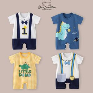 Kledingsets babyjongen dunne jumpsuit baby meisje korte mouwen strakke mouwen strakke passende pak pasgeboren baby jumpsuit zomer nieuwe Koreaanse stijl kleding D240514