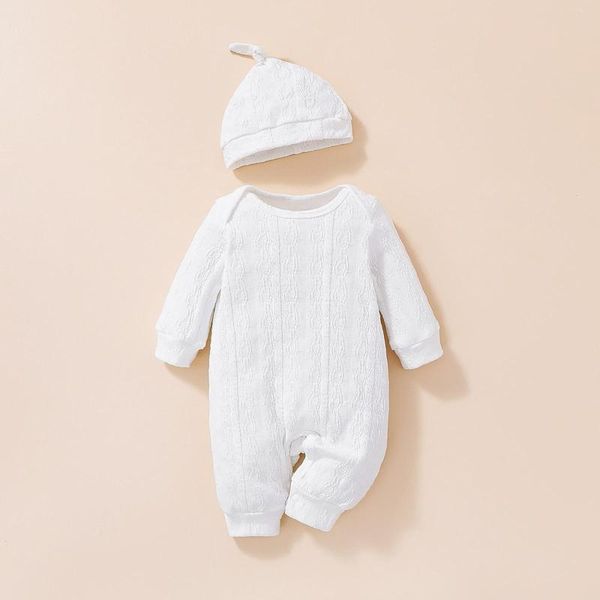 Conjuntos de ropa para bebés, niños, otoño e invierno, conjunto de mono de manga larga con cuello redondo, sombrero estampado blanco puro