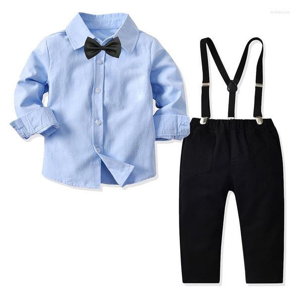 Ensembles de vêtements Bébé Garçons Vêtements Ensemble Automne Printemps Manches Longues Bleu Noeud Papillon Chemise Bretelles Pantalon 2pcs Enfants Costume De Fête De Mariage