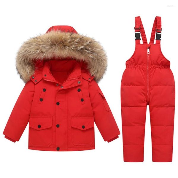 Junta de ropa Baby Boys Down Snowsuits de 2 piezas con capucha con capucha con pantalones de babero