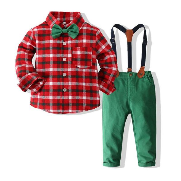 Conjuntos de ropa para bebés, niños, caballeros, moda para niños, camisa con pajarita de manga larga, Tops + Pantalones con tirantes, ropa de Navidad, atuendo