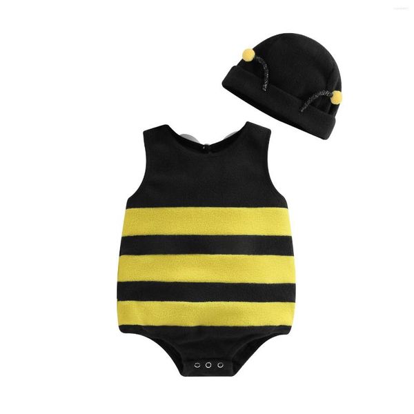 Ensembles de vêtements bébé garçons filles abeille barboteuse rayure sans manches dos blanc aile décor combinaisons été vêtements décontractés body pour bébé avec chapeau