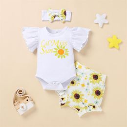 Kledingsets babyjongens meisjes zomer outfits letter patroon patroon korte mouw bodysuit romper meisje wikkel bogen hoofdbanden