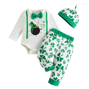 Kledingsets Baby Boys My First St Patrick S Day Gentleman Outfit Lucky Clover Bow Tie Long Sleeve Romper Bodysuit Pants Hat