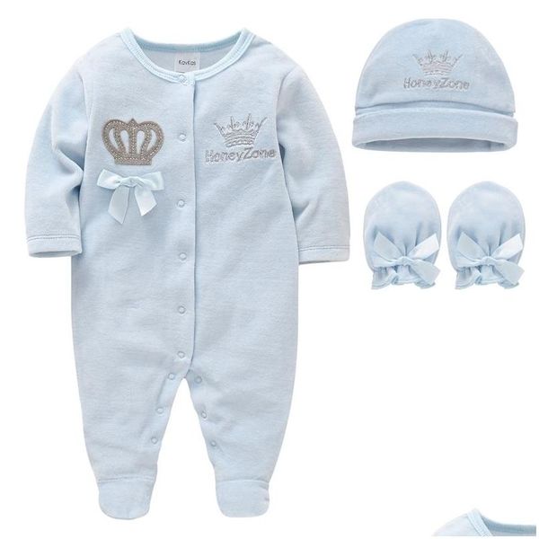 Conjuntos de ropa Baby Boys Mompers Royal Crown Prince con Guantes de gorra infantil Nacido de una niña Pajama en general Velor 210309 Drop 7