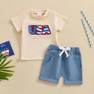 Ensembles de vêtements Baby Boys Shorts set T-shirt de broderie à manches courtes avec tenue d'été à taille élastique pour le 4 juillet