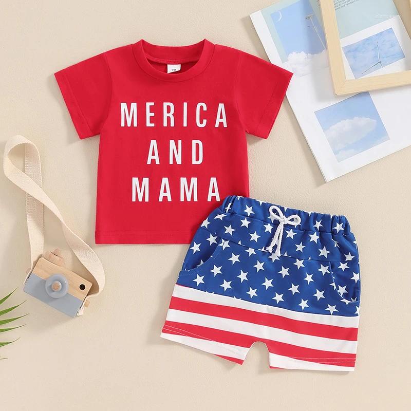Clothing Sets Baby Boys Shorts Set Short Sleeve Letters Print T-shirt With Elastic Waist Summer Outfit For 4th Of July