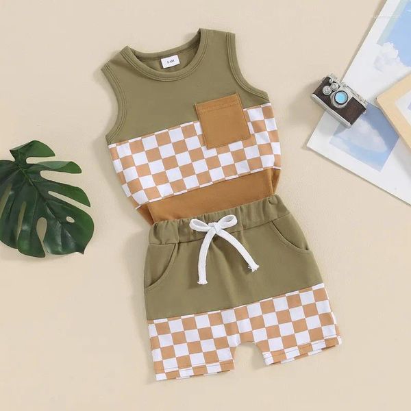 Ensembles de vêtements Baby Boys Shorts Set Sans Sleeve Sleep Sand Top Top avec une tenue d'été à carreaux de taille élastique