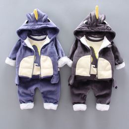 Kledingsets Baby Boys Winter plus fluweel dikke warme 3 stip cartoon dinosaurus dinosaur kinderen kleding sport tracks set voor kinderen 221130