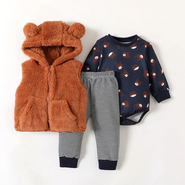 Ensembles de vêtements bébé ours brun veste imprimée à manches longues à capuche pantalon rayé 3 pcs garçons filles style mignon mode décontracté enfants portent 231201