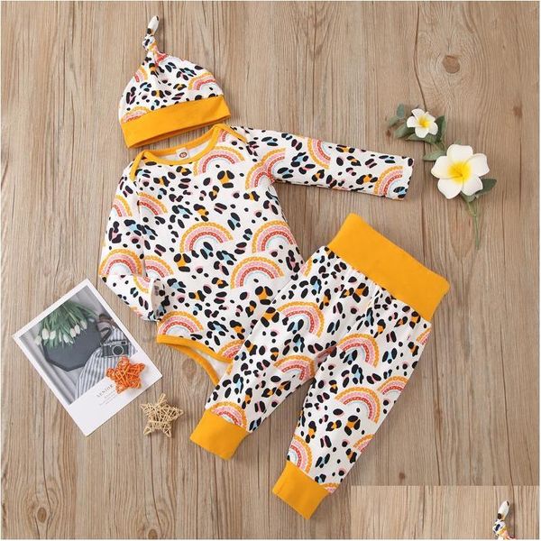 Ensembles de vêtements Bébé Enfants Garçons Filles Automne Tenues Mignon À Manches Longues Léopard Arc-En-Imprimé Barboteuse Ajouter Top Noeud Chapeau 3pcs Ensemble Drop De Dhcp8