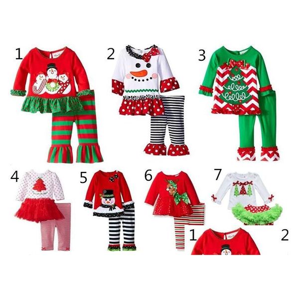 Ensembles de vêtements Bébé Noël Tenue Filles Deer Tree T-shirt Ajouter Pantalon à volants 2pcs Enfants Polka Dot Tops Enfants Printemps Automne Porter Drop D Dhzpk