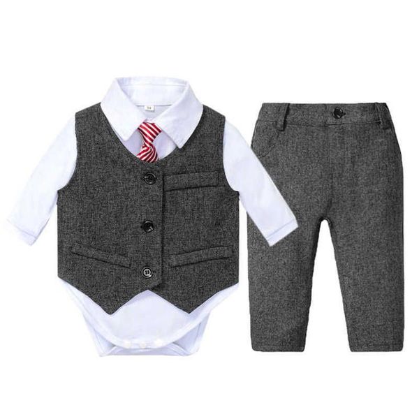 Conjuntos de ropa Ropa de bebé Chaleco Traje Traje Traje Formal Boy Set Tie Bow White Romper para 9 12 18 24 Meses Fiesta Cumpleaños Niño Caballero G OT32G