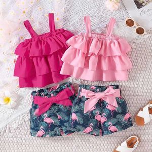 Kledingsets Baby Clothing Set 6-maanden-3-jarige mouwloze crop top en cartoon flamingo shorts Childrens Clothing Set pasgeboren meisje J240518