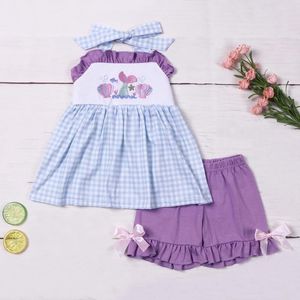 Ensembles de vêtements Bébé Coton Bleu Strape T-shirt Ensemble Col Carré Poisson Imprimer Fille Top Vêtements Et Noeud Papillon Décoration Violet Short Costume