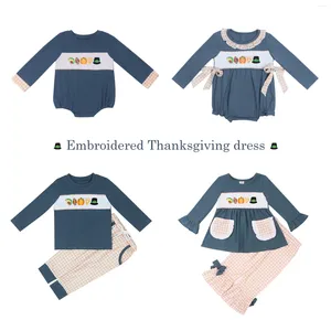 Ensembles de vêtements bébé coton à manches longues t-shirt ensemble col rond Thanksgiving Turquie broderie garçon bleu haut vêtements et pantalon en treillis orange