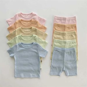 Ensembles de vêtements bébé Coton Vêtements côtelés Ensemble Haut à manches courtes + Shorts 2pcs Candy Color Girl T-shirts