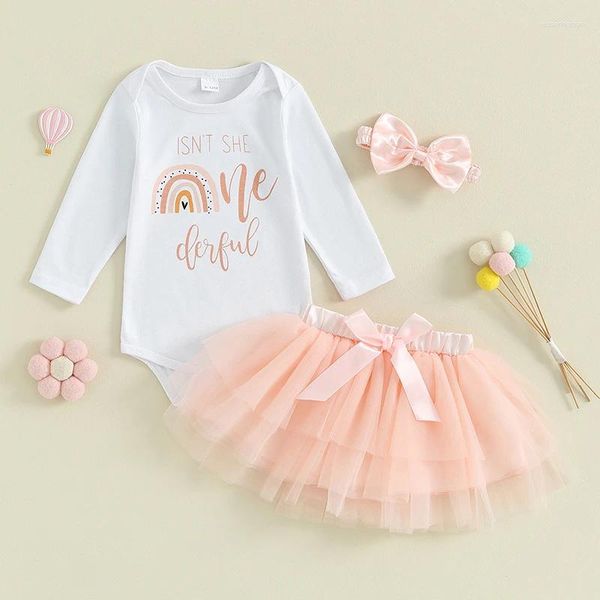 Ensembles de vêtements pour bébé fille, tenue de 1er anniversaire, lettre imprimée, col rond, manches longues, jupe en tulle, bandeau avec nœud, ensemble pour tout-petits