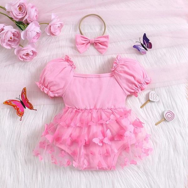 Conjuntos de ropa Baby Girl Trajes de 2 piezas Mariposas Vestido de mameluco de malla de manga corta con lindo conjunto de diadema Ropa de verano