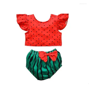 Kledingsets Baby Girl 2 -delige zomer outfits Round Neck Sleeve Dot Print Tops 3D Bow Watermelon Shorts Infant Poddler Set