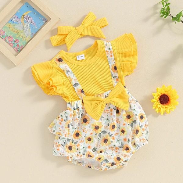 Conjuntos de ropa Baby Girl 2 piezas Conjunto de verano Manga Girasol Estampado 3D Arco Falso Mameluco de dos piezas Diadema acanalada Trajes para niños pequeños